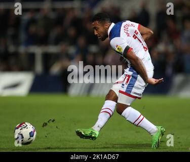 Hartlepool United's Wes McDonald durante la partita della Sky Bet League 2 tra Hartlepool United e Crewe Alexandra a Victoria Park, Hartlepool martedì 13th settembre 2022. (Credit: Marco Fletcher | NOTIZIE MI) Credit: NOTIZIE MI & Sport /Alamy Live News Foto Stock