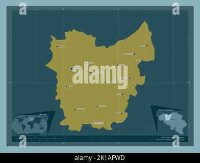 Oost-Vlaanderen, provincia del Belgio. Forma a tinta unita. Località e nomi delle principali città della regione. Mappe delle posizioni ausiliarie degli angoli Foto Stock