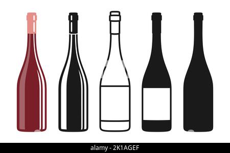 Set di simboli per bottiglie di vino, silhouette, icona, design con incisione a francobollo. Bevande alcoliche vino rosso, champagne. Festeggiamenti vinificazione pubblicità bottiglie mockup per bar, caffè, ristorante vettore Illustrazione Vettoriale