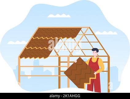 Costruzione di tetti Template disegnata a mano Cartoon Flat Illustrazione con ristrutturazione Housetop, fissaggio tetto Tile House e Roof Reconstruction Illustrazione Vettoriale