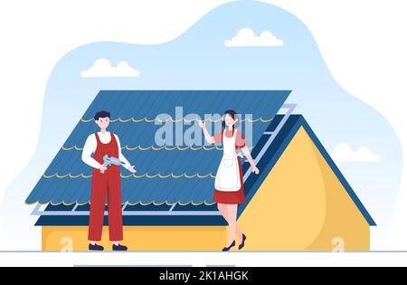 Costruzione di tetti Template disegnata a mano Cartoon Flat Illustrazione con ristrutturazione Housetop, fissaggio tetto Tile House e Roof Reconstruction Illustrazione Vettoriale