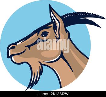Illustrazione della testa di capra con sfondo circolare. Design del modello di logo Illustrazione Vettoriale