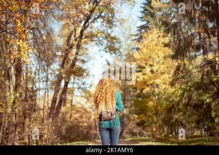 Una giovane donna dai capelli rossi cammina attraverso il parco autunnale. Una ragazza con capelli ricci lussureggianti guarda la foresta autunnale Foto Stock