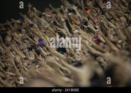 Bucarest, Romania - 15 settembre 2022: Profondità di campo poco profonda (fuoco selettivo) dettagli con FCSB (Fotbal Club Steaua Bucuresti) sostenitori durante un Foto Stock