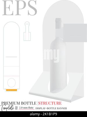 Modello di visualizzazione da banco, vettore con fustellatura, strati tagliati al laser. Banco per bottiglie, scatola ripiani testata. Bianco, trasparente, vuoto, flacone isolato Display Illustrazione Vettoriale