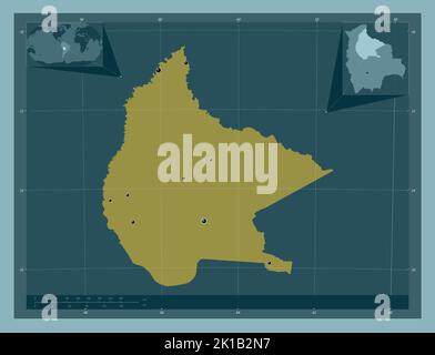 El Beni, dipartimento della Bolivia. Forma a tinta unita. Posizioni delle principali città della regione. Mappe delle posizioni ausiliarie degli angoli Foto Stock