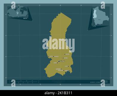 La Paz, dipartimento della Bolivia. Forma a tinta unita. Località e nomi delle principali città della regione. Mappe delle posizioni ausiliarie degli angoli Foto Stock