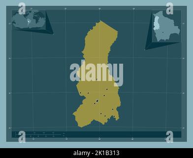La Paz, dipartimento della Bolivia. Forma a tinta unita. Posizioni delle principali città della regione. Mappe delle posizioni ausiliarie degli angoli Foto Stock