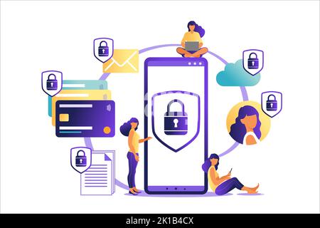 Concetto di pagamento mobile online. Telefono cellulare con icona della carta di credito sul touch screen. Concetto di protezione dei dati. Può essere utilizzato per banner Web, infografiche. Illustrazione Vettoriale