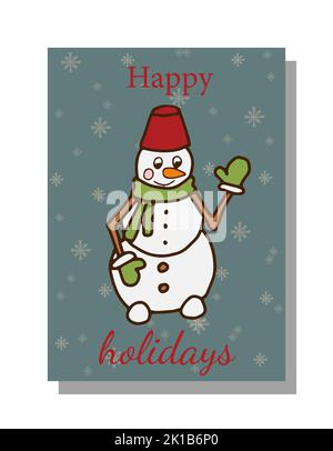 Cartolina di Natale con un pupazzo di neve allegro in mitens e una sciarpa su uno sfondo nevoso .Vector illustrazione in stile doodle con congratulazioni.Postcard Illustrazione Vettoriale
