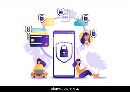 Concetto di pagamento mobile online. Telefono cellulare con icona della carta di credito sul touch screen. Concetto di protezione dei dati. Può essere utilizzato per banner Web, infografiche. Illustrazione Vettoriale