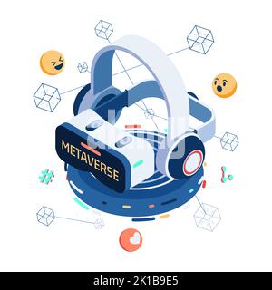 Visore piatto per realtà virtuale 3D Isometrica VR e Blockchain Network. Concetto di tecnologia metaverse. Illustrazione Vettoriale