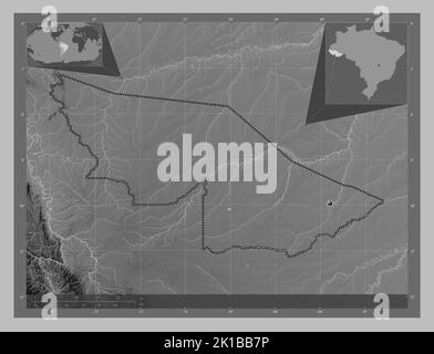 Acro, stato del Brasile. Mappa in scala di grigi con laghi e fiumi. Mappe delle posizioni ausiliarie degli angoli Foto Stock