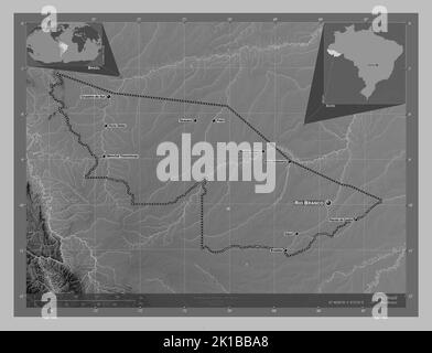 Acro, stato del Brasile. Mappa in scala di grigi con laghi e fiumi. Località e nomi delle principali città della regione. Mappa della posizione ausiliaria ad angolo Foto Stock