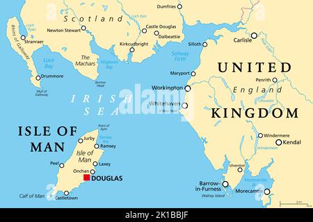 Isola di Man, conosciuta anche come Mann, mappa politica. Una nazione insulare e la dipendenza della Corona Britannica nel Mare d'Irlanda, tra Gran Bretagna e Irlanda. Foto Stock