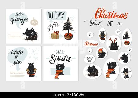 Disegnata a mano vettore astratto buon Natale e felice anno nuovo cartoni animati illustrazione biglietti d'auguri insieme con Natale gatti e Natale Illustrazione Vettoriale