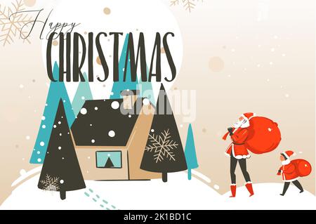 Mano disegnato vettore astratto divertimento buon Natale e felice anno nuovo cartoon illustrazione biglietto di auguri con famiglia natale, casa e buon Natale Illustrazione Vettoriale