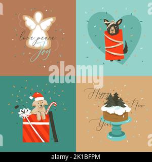 Disegnata a mano vettore astratto Merry Natale e felice anno nuovo cartoon illustrazione biglietti d'auguri insieme con cani, torta di Natale e Merry Illustrazione Vettoriale