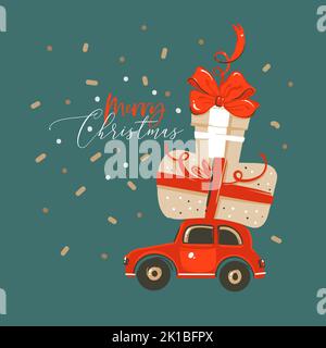 Mano disegnata vettore astratto divertimento buon Natale e felice anno nuovo cartoon illustrazione biglietto di auguri con le scatole regalo sorpresa di Natale e l'auto Illustrazione Vettoriale