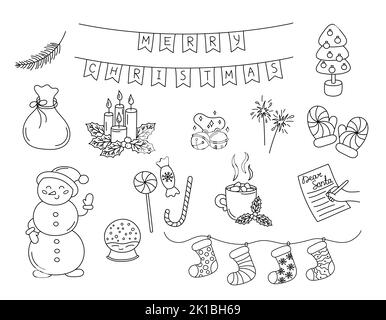 Natale doodles vettore set. Elementi di vacanza neri disegnati a mano isolati su sfondo bianco. Scarabocchio Natale contorno oggetti albero, pupazzo di neve, calze, Illustrazione Vettoriale