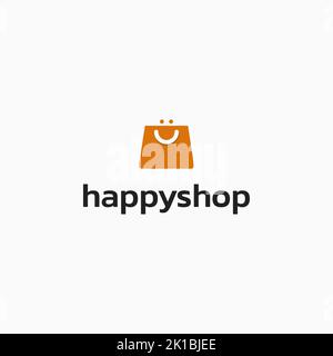 Design con logo Happy Shop. Sorriso astratto e logo della borsa. Semplice logo retail. Formato vettoriale. Illustrazione Vettoriale