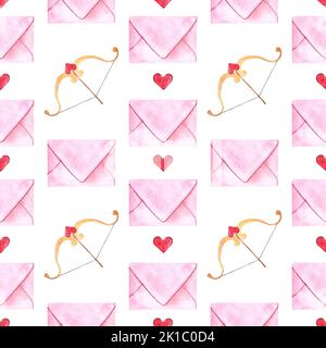 freccia cupid della lettera d'amore rosa con acquerello del cuore isolato su sfondo bianco Foto Stock