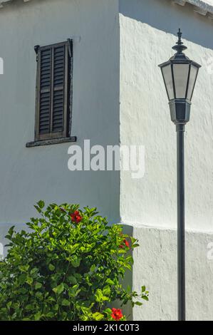 Bermuda architettura Tucker House Beige House con Dark Shutters Street Lamp Post & Red Hibiscus Bush primo piano Foto Stock