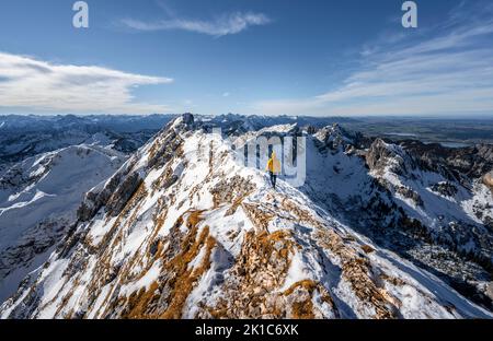 Arrampicatori su una stretta cresta rocciosa nevosa, dietro il crow di picco, vista del panorama di montagna, escursioni a Ammergauer Hochplatte, in autunno, Alpi Ammergau Foto Stock