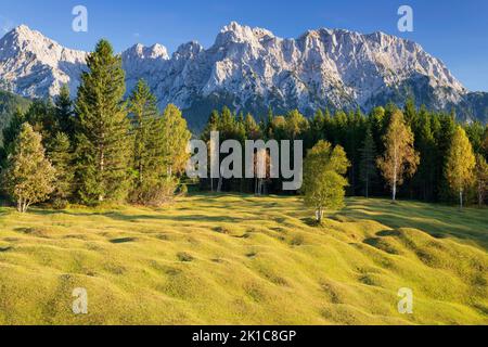 Prati di Mogul tra Mittenwald e Kruen, Werdenfelser Land, con i monti Karwendel alle spalle, alta Baviera, Baviera, Germania Foto Stock