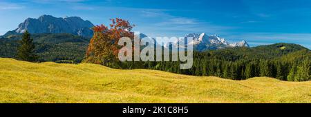 Prati di Mogul tra Mittenwald e Kruen, Werdenfelser Land, Zugspitze dietro, 2962m, Wetterstein Montagne, Alta Baviera, Baviera, Germania Foto Stock