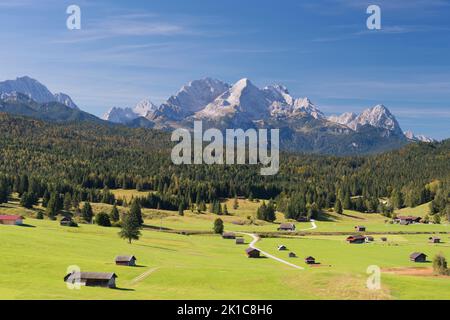 Prati di Mogul tra Mittenwald e Kruen, Werdenfelser Land, Zugspitze dietro, 2962m, Wetterstein Montagne, Alta Baviera, Baviera, Germania Foto Stock