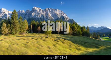 Prati di Mogul tra Mittenwald e Kruen, Werdenfelser Land, con i monti Karwendel alle spalle, alta Baviera, Baviera, Germania Foto Stock