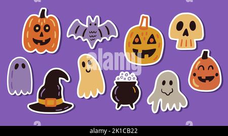 Set di elementi adesivi personaggio di Halloween Doodle Illustrazione Vettoriale