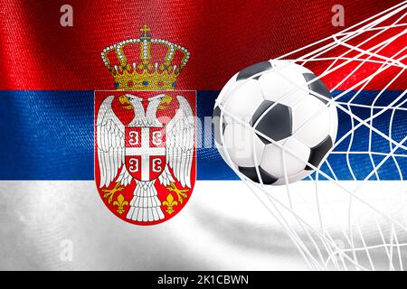 Coppa del mondo FIFA 2022, Serbia bandiera nazionale con una palla di calcio in rete, Qatar 2022 Wallpaper, 3D lavoro e 3D immagine. Yerevan, Armenia - 2022 settembre 16 Foto Stock