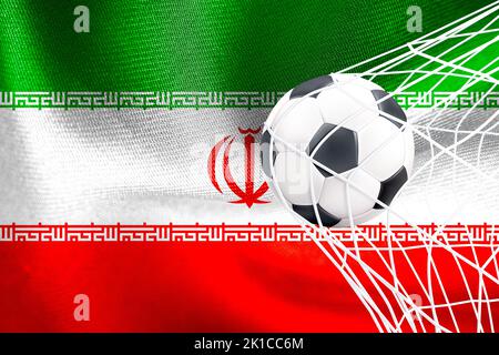 Coppa del mondo FIFA 2022, bandiera nazionale Iran con una palla di calcio in rete, Qatar 2022 Wallpaper, 3D lavoro e 3D immagine. Yerevan, Armenia - 2022 settembre 16 Foto Stock
