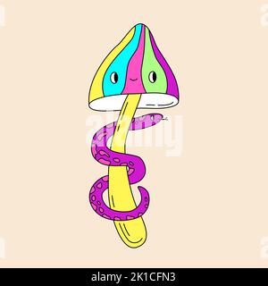 Colorato fungo retrò con serpente. Groovy hippie Halloween illustrazione. Modello per adesivo, poster e t-shirt Illustrazione Vettoriale