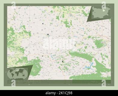 Targovishte, provincia di Bulgaria. Aprire la mappa stradale. Posizioni delle principali città della regione. Mappe delle posizioni ausiliarie degli angoli Foto Stock