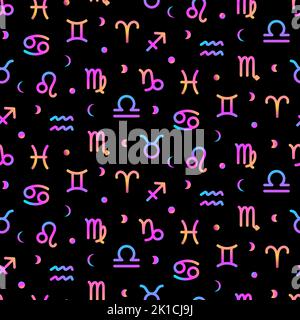 Segni zodiacali senza cuciture colorato sfondo neon con mezzaluna e luna, modello astrologico. Oroscopo simboli sfumatura texture Illustrazione Vettoriale