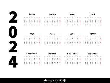 2024 anni semplice calendario orizzontale in lingua spagnola, calendario tipografico isolato su bianco Illustrazione Vettoriale