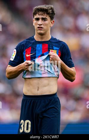Barcellona, Spagna. 17th Set, 2022. Gavi (FC Barcelona) viene raffigurato durante la partita di calcio della Liga tra il FC Barcelona e l'Elche CF, allo stadio Camp Nou di Barcellona, in Spagna, il 17 settembre 2022. Foto: SIU Wu. Credit: dpa/Alamy Live News Foto Stock