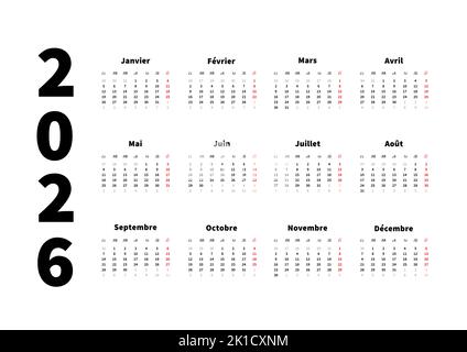 2026 anni semplice calendario orizzontale in francese, calendario tipografico isolato su bianco Illustrazione Vettoriale