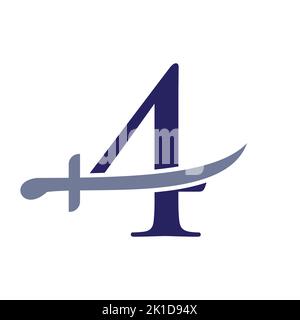 Modello vettoriale per il logo delle spade lettera 4. Icona delle spade per il simbolo di protezione e privacy Illustrazione Vettoriale