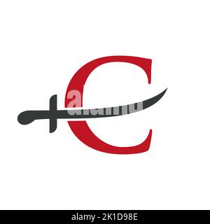 Modello vettoriale per il logo delle spade lettera C. Icona delle spade per il simbolo di protezione e privacy Illustrazione Vettoriale