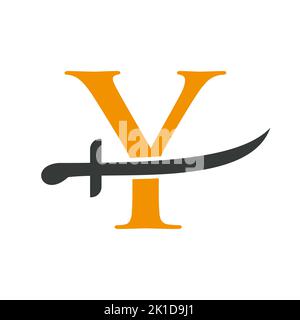 Modello vettoriale per il logo delle spade lettera Y. Icona delle spade per il simbolo di protezione e privacy Illustrazione Vettoriale