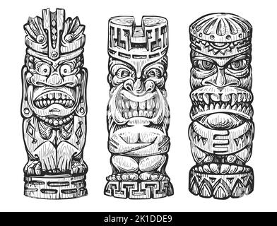 Set di maschere in legno tiki idol. Elemento di design per logo, etichette, cartelli o poster. Illustrazione vettoriale Illustrazione Vettoriale