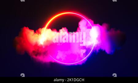 3d rendering, nuvola astratta illuminata con anello di luce al neon sul cielo notturno scuro. Forma geometrica brillante, cornice rotonda Foto Stock