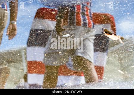 Salvador, Bahia, Brasile - 01 aprile 2018: Tifosi della squadra di calcio di Esporte Clube Bahia, visto attraverso il riflesso dell'acqua nel vicinit Foto Stock