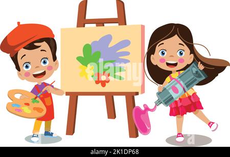 cute pittore ragazzo e ragazza spremitura pittura ad olio Illustrazione Vettoriale