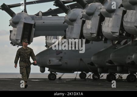 GDYNIA, Polonia. 17th Set, 2022. Il marinaio DELLA Marina STATUNITENSE cammina sul ponte di volo a bordo della USS Kearsarge (LHD-3), ormeggiata nel porto di Gdynia. La USS Kearsage, un'imbarcazione di atterraggio della marina militare statunitense Wasp, visita il porto di Gdynia per sottolineare l'impegno della marina statunitense e del corpo marino statunitense nel Mar Baltico e per rafforzare le relazioni tra gli Stati Uniti e la Polonia, un alleato chiave della NATO. Credit: ASWphoto/Alamy Live News Foto Stock