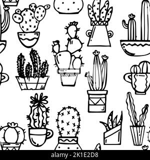 Cactus piante indoor in pentole. Ripetizione senza giunture. Spine domestiche esotiche. Contorno schizzo disegnato a mano. Disegno con inchiostro. Isolato su sfondo bianco. Vettore. Illustrazione Vettoriale